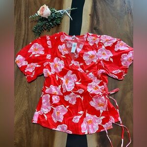 BNWT Old Navy Red Floral Wrap Blouse